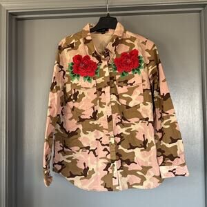 Love Tree Pink Camo Red Rose Embroidered Long Sleeve Button Cotton Top sz Large